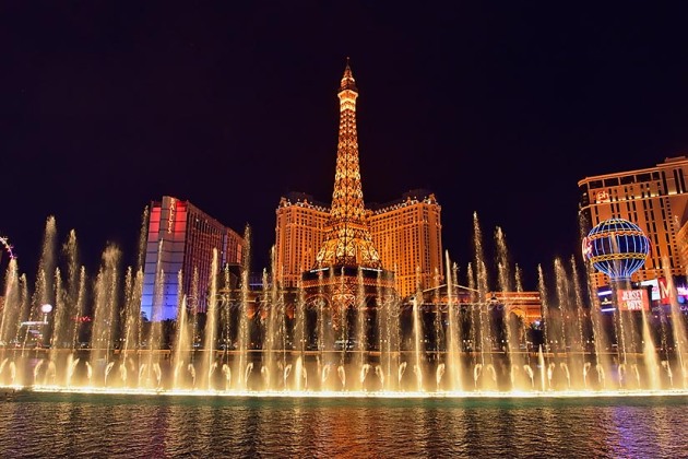 Fountains of Bellagio with the Paris Hotel and Eiffel Tower, Las Vegas, Nevada, USA